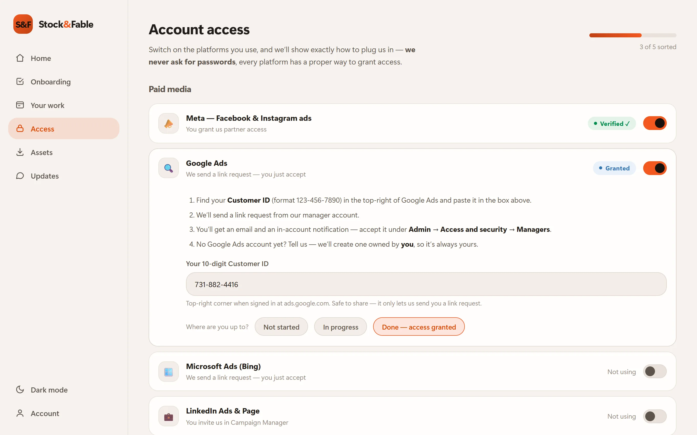 The account access tracker in the portal, with platform by platform granting steps and statuses