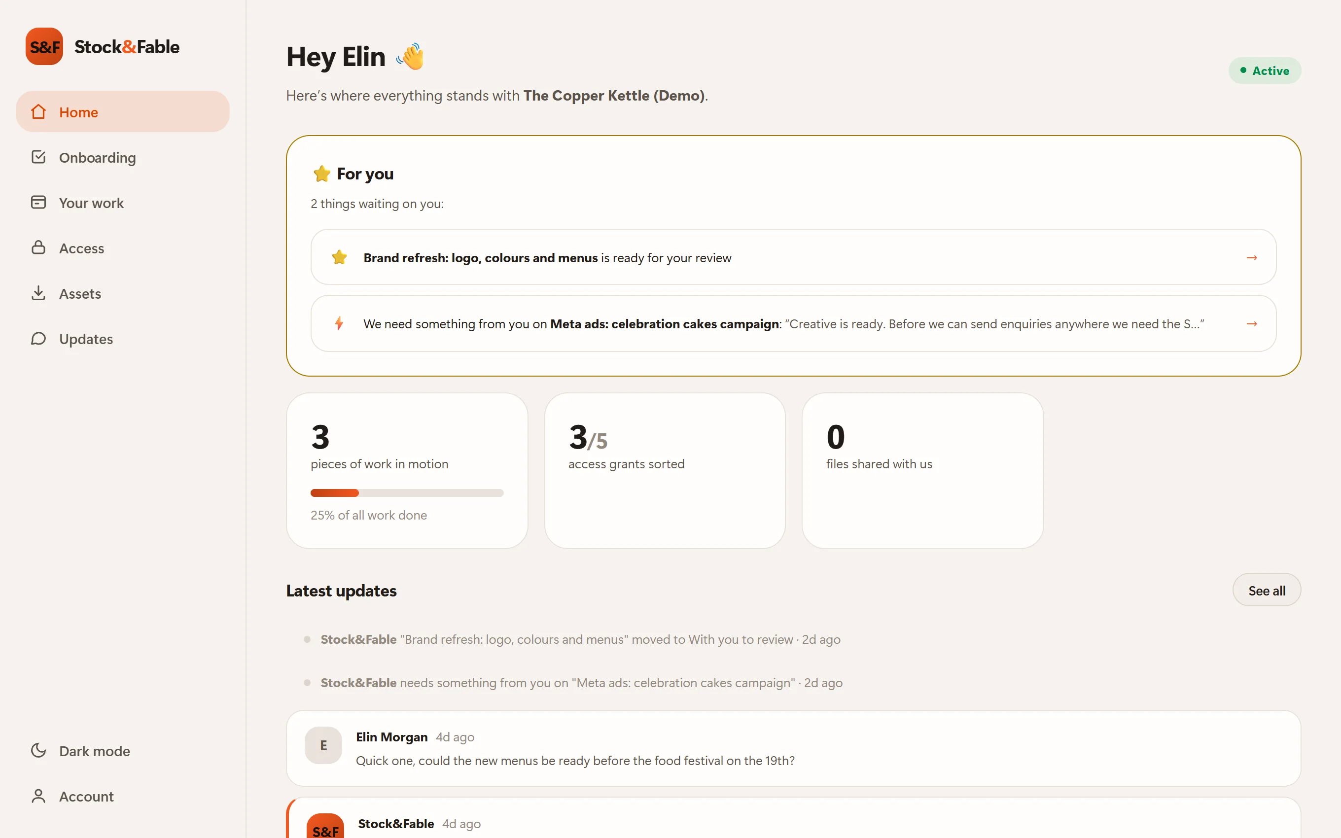 The client home screen of the Stock and Fable portal, showing the For you list, work progress and latest updates