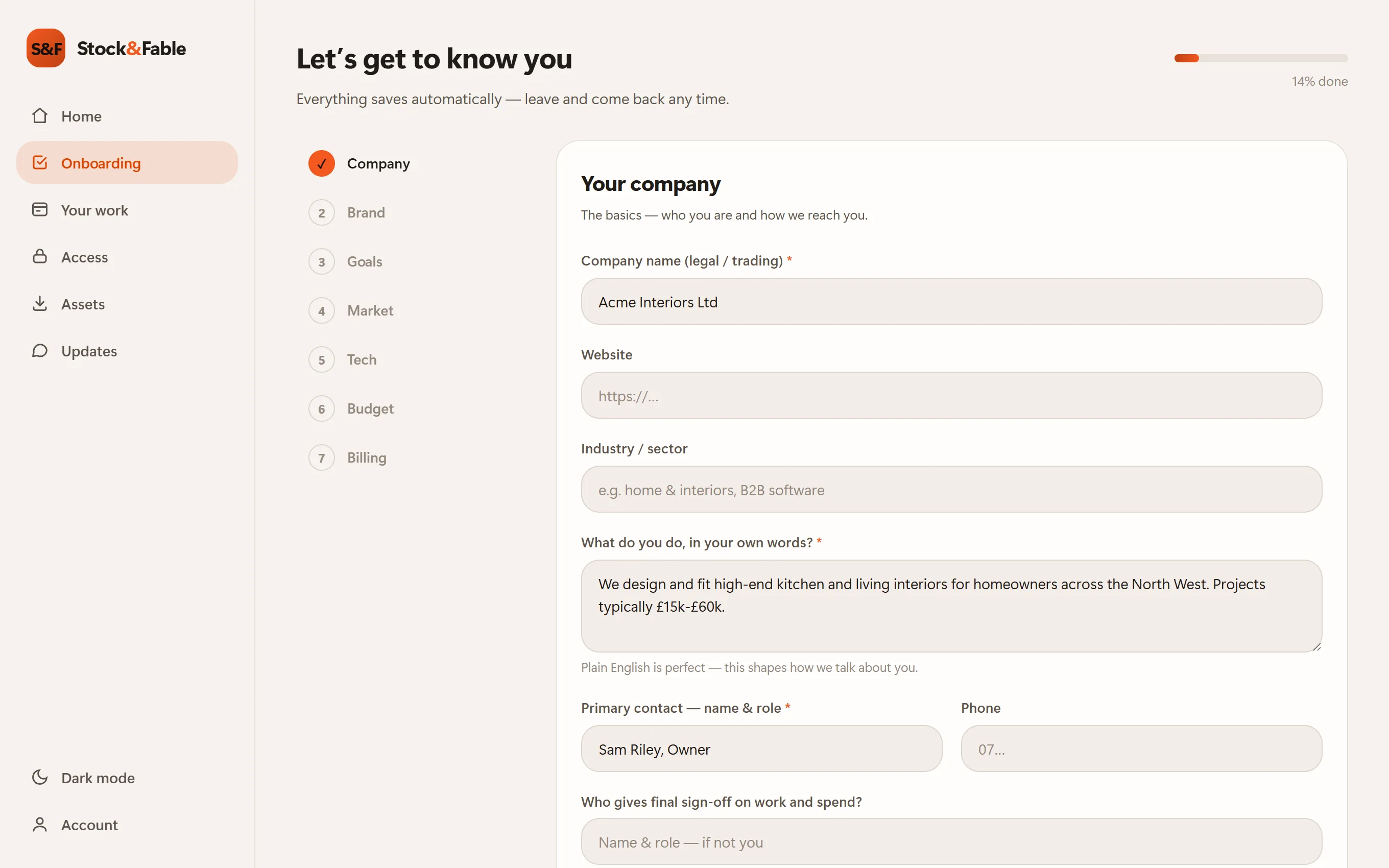 The guided onboarding questionnaire in the portal, with numbered steps and a progress bar