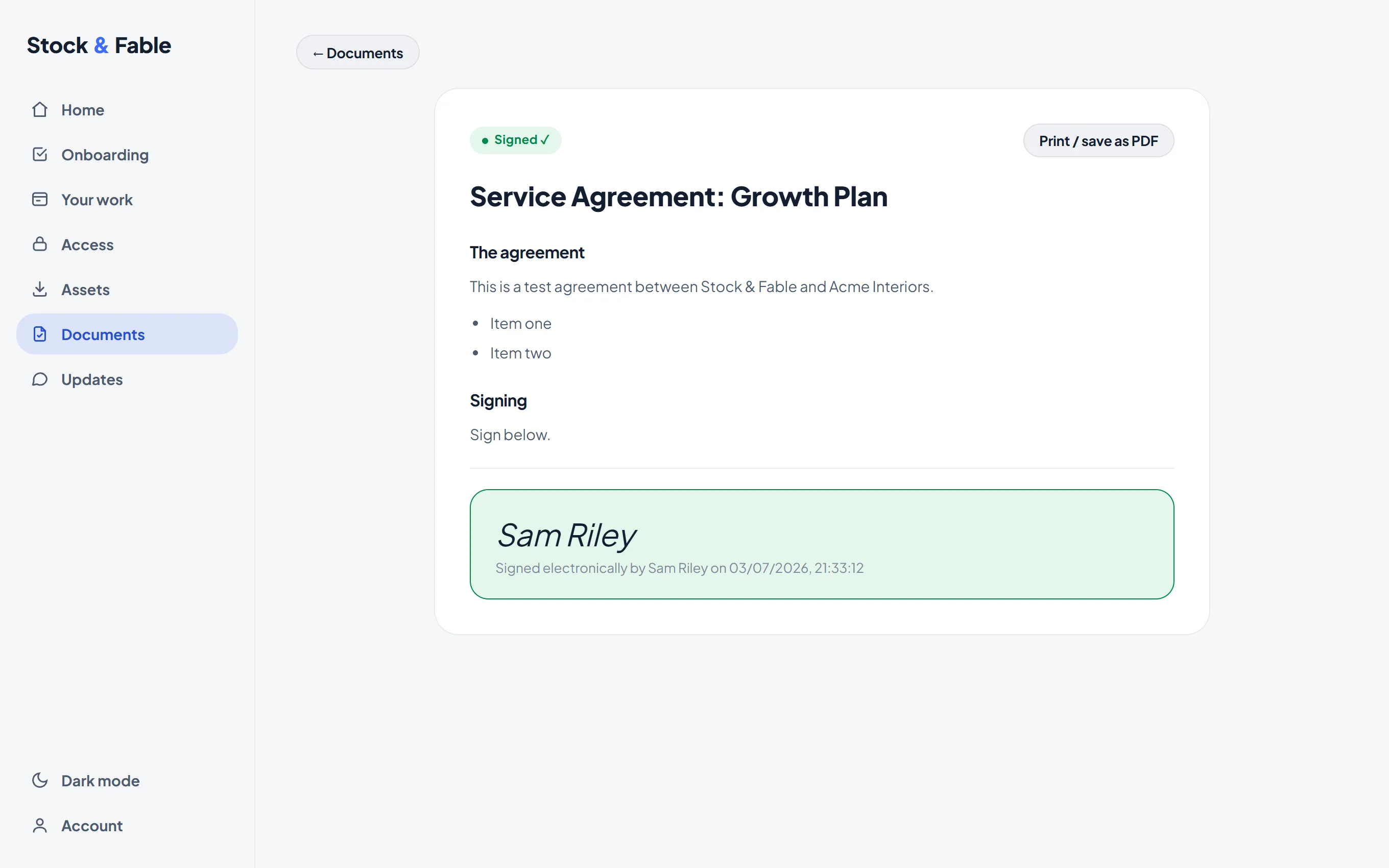 A service agreement ready to sign in the portal