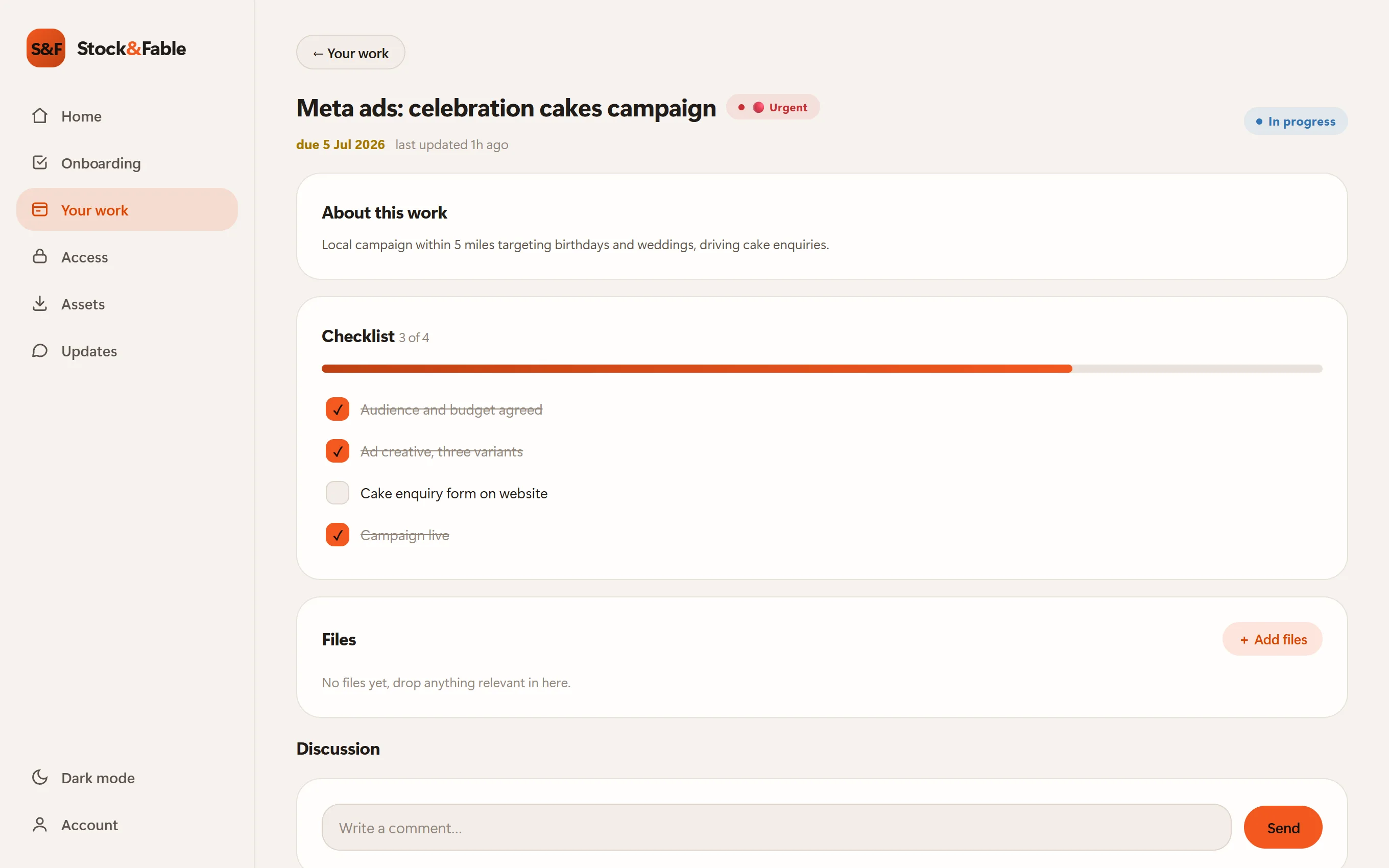 A piece of work in the portal with priority flag, checklist progress, files and discussion